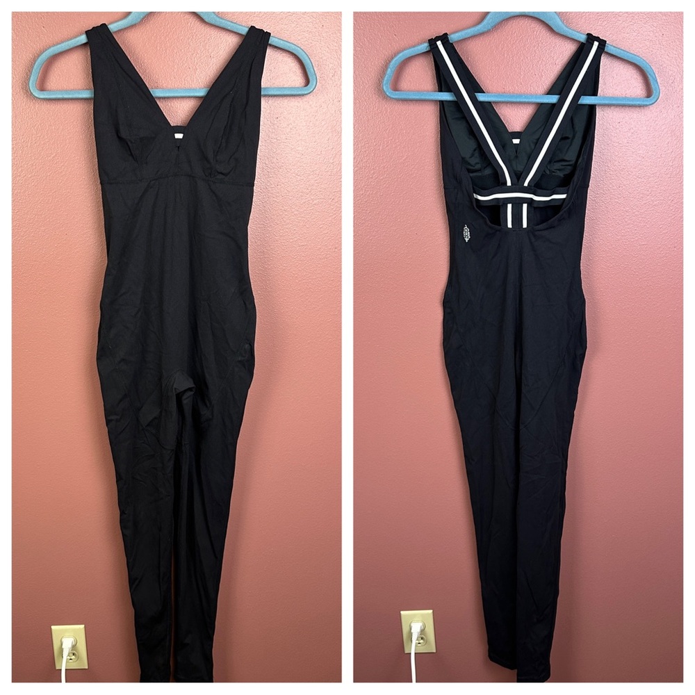 Free People Movement One Piece Bodysuit Onesie in black w/ black & white straps